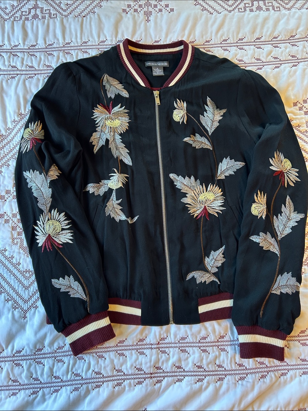 Chelsea & Theodore Black Bomber Jacket with Cream and Maroon Embroidery